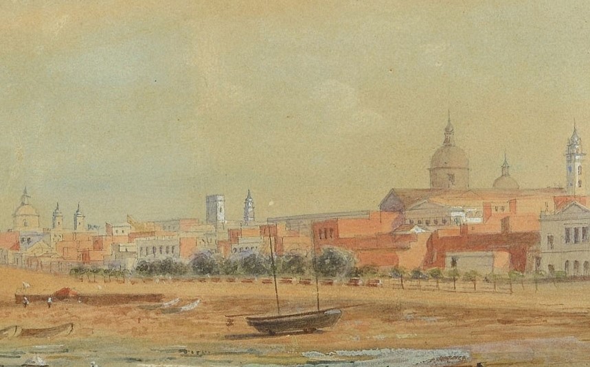 Pintura de Charles Pellegrini donde se ve un paseo público arbolado en al ribera del río.